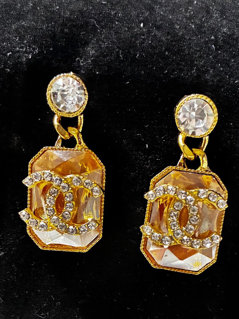 Double C Stone with Crystal Embellished Logo Gold- Tone Earrings